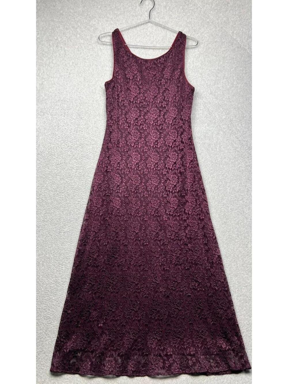 Y2K Whimsigoth Eggplant Lace Floral Maxi Dress 16 Gothic Sheer Dark Romance VTG